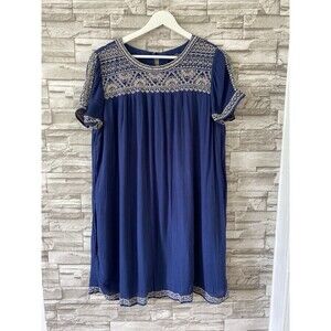 Lucky Brand Shift Dress Boho Embroidered Crew Neck Short Sleeve Crinkled Blue M